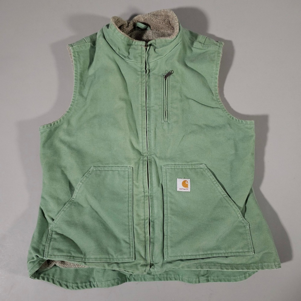 Carhartt Vest Women Large 12/14 Green Sherpa Lined Sandstone Duck Canvas WV001